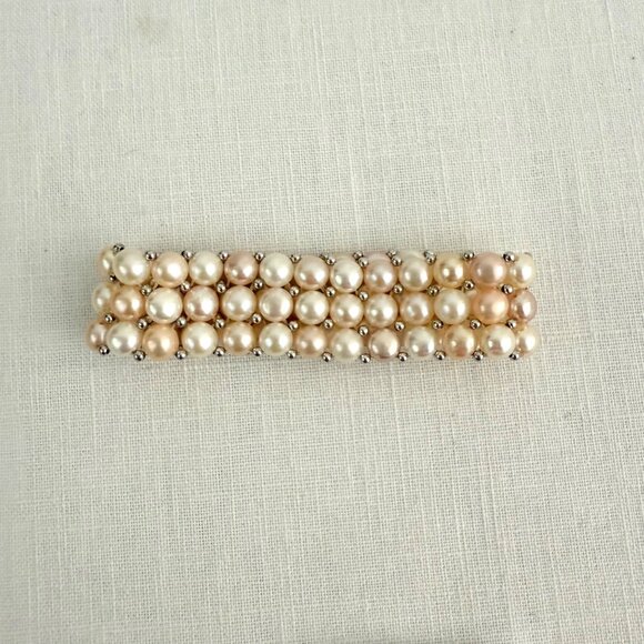 Expandable Cultured Pearl Bracelet 6 inches Multi Tonal Pearls Silver Tone Beads - Picture 2 of 7